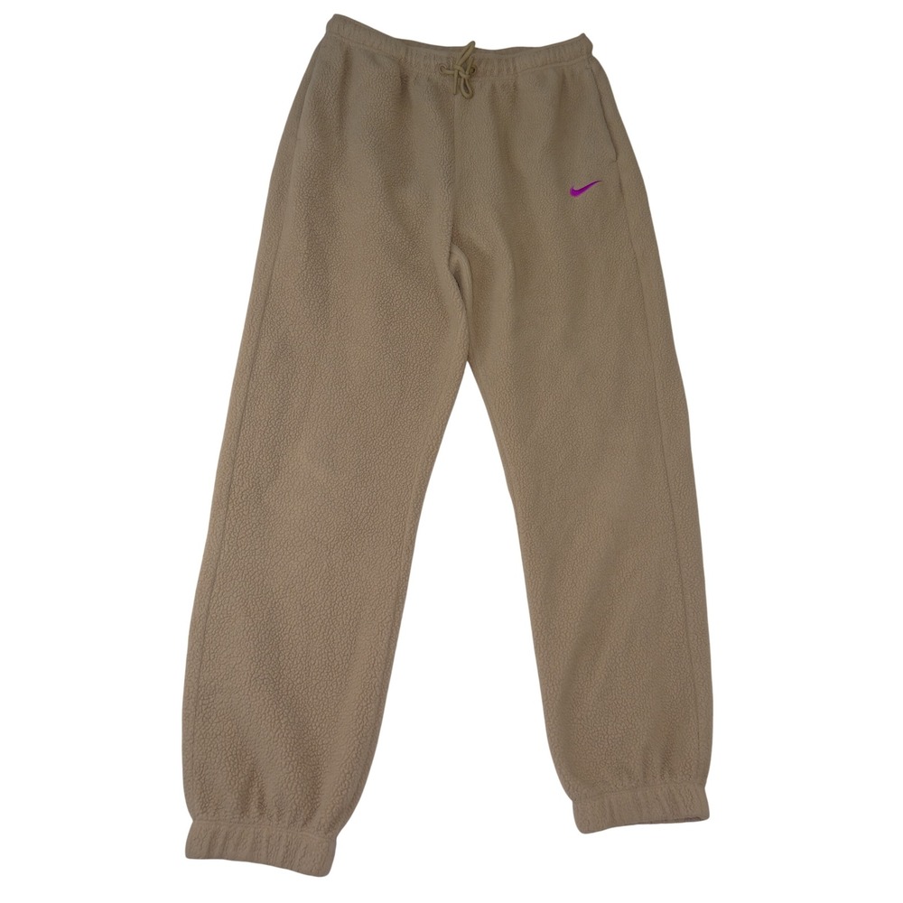Nike Womens Sherpa Fleece Joggers Tan Beige Purple Swoosh Logo M